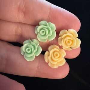 Vintage Carved Rose Stud Earrings Mint Green Peach Floral Resin Lot